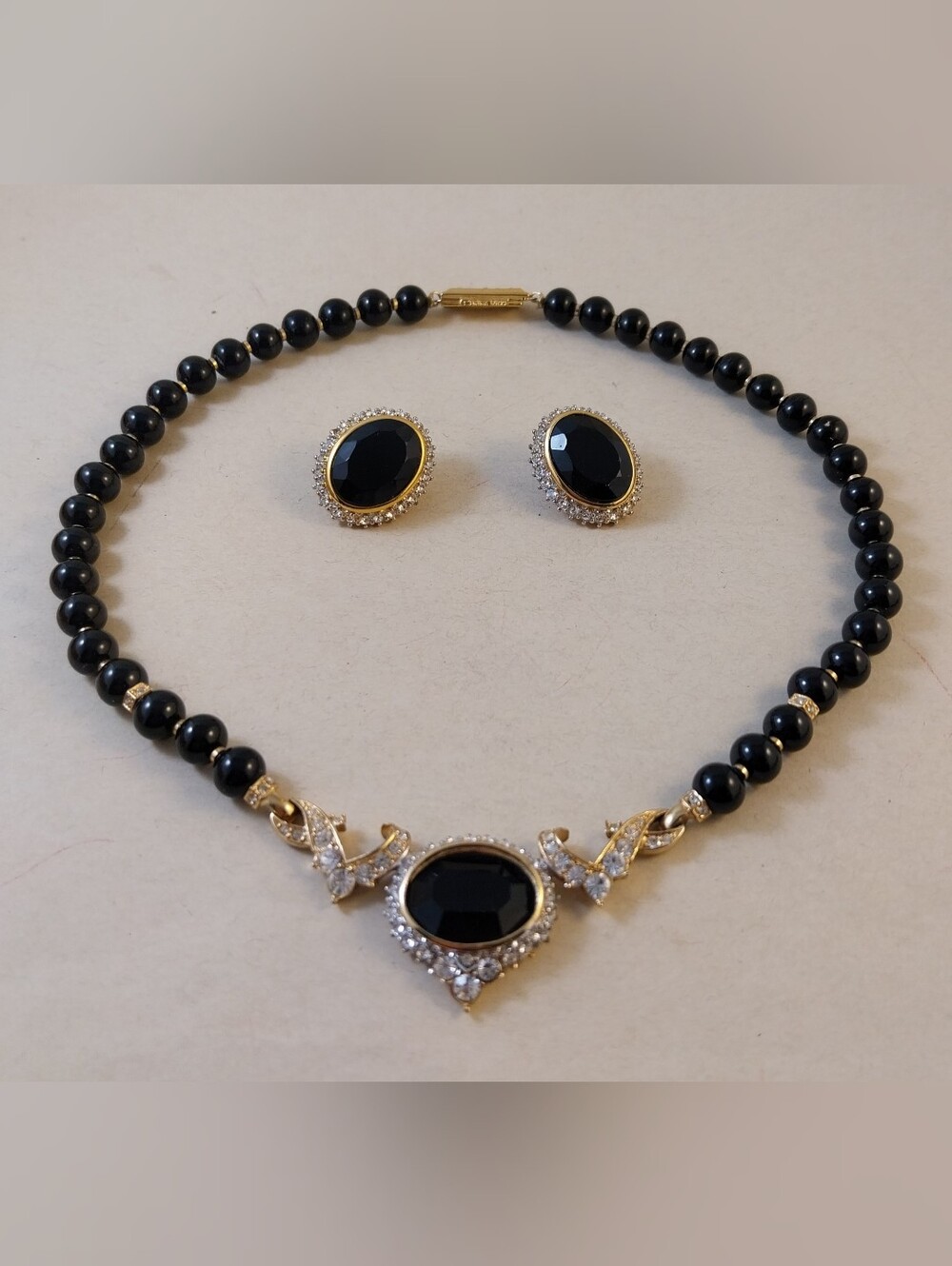 Nina Ricci Black Bead Necklace with Black Stone Pendant and Matching Earrings